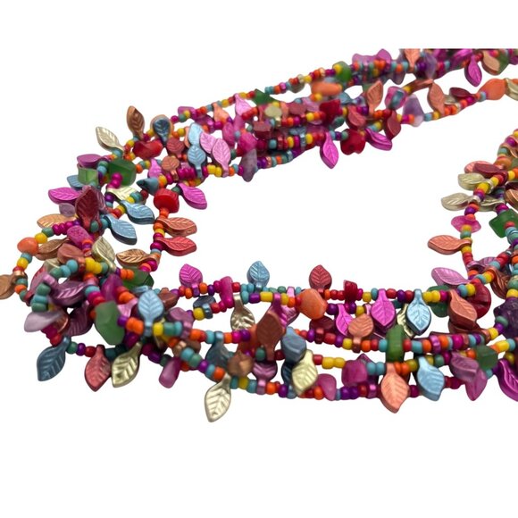 Boho Multi Strand Leaf Beaded Statement Necklace Retro 90s Vibrant Colorful - Picture 6 of 8